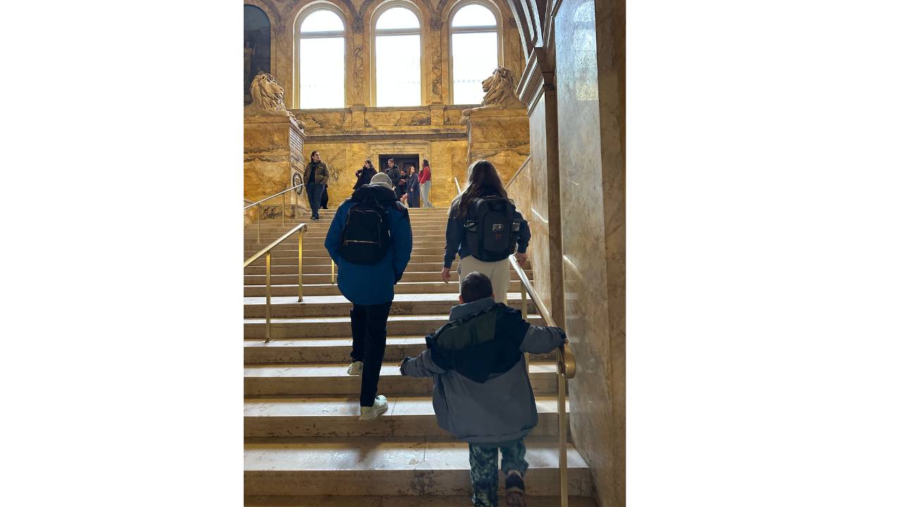 Marble staircase inside a historic library as visitors walk upward