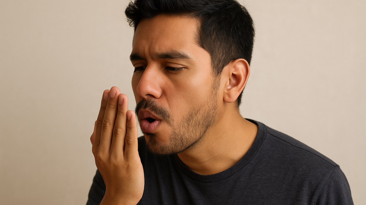 hombre revisando su aliento para saber qué le dice sobre su salud