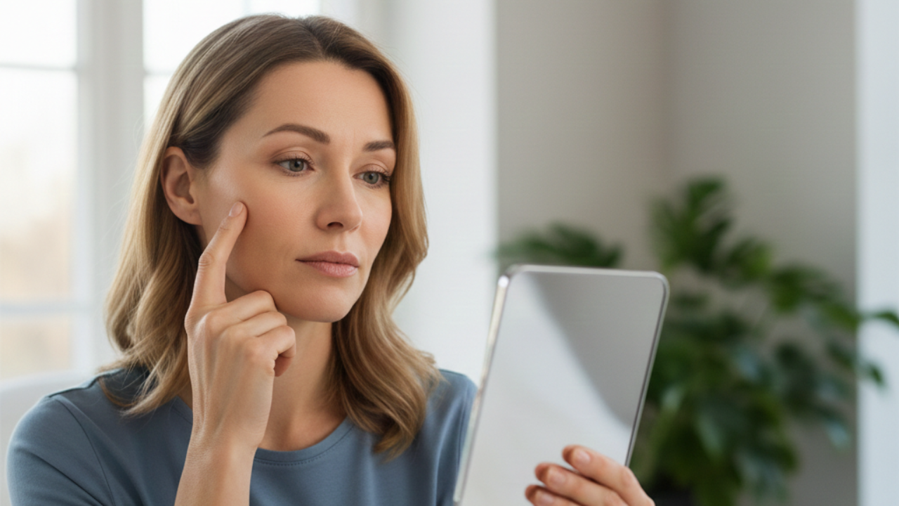 Mujer de apariencia natural observando con atención su rostro en un espejo de mano, reflejando el proceso de autodescubrimiento y análisis de la tensión facial antes de iniciar su práctica de yoga facial