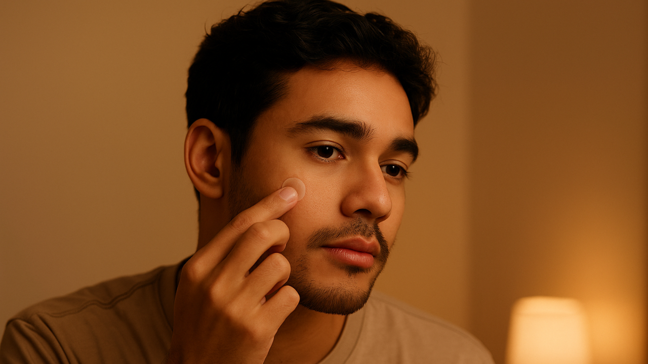 Hombre utilizando parches para el acné Hero Patch como rutina de skin care nocturna