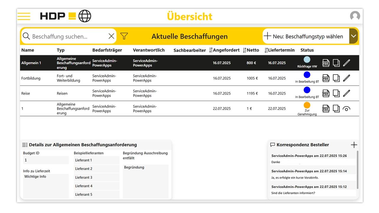 Power Apps Beschaffungs App
