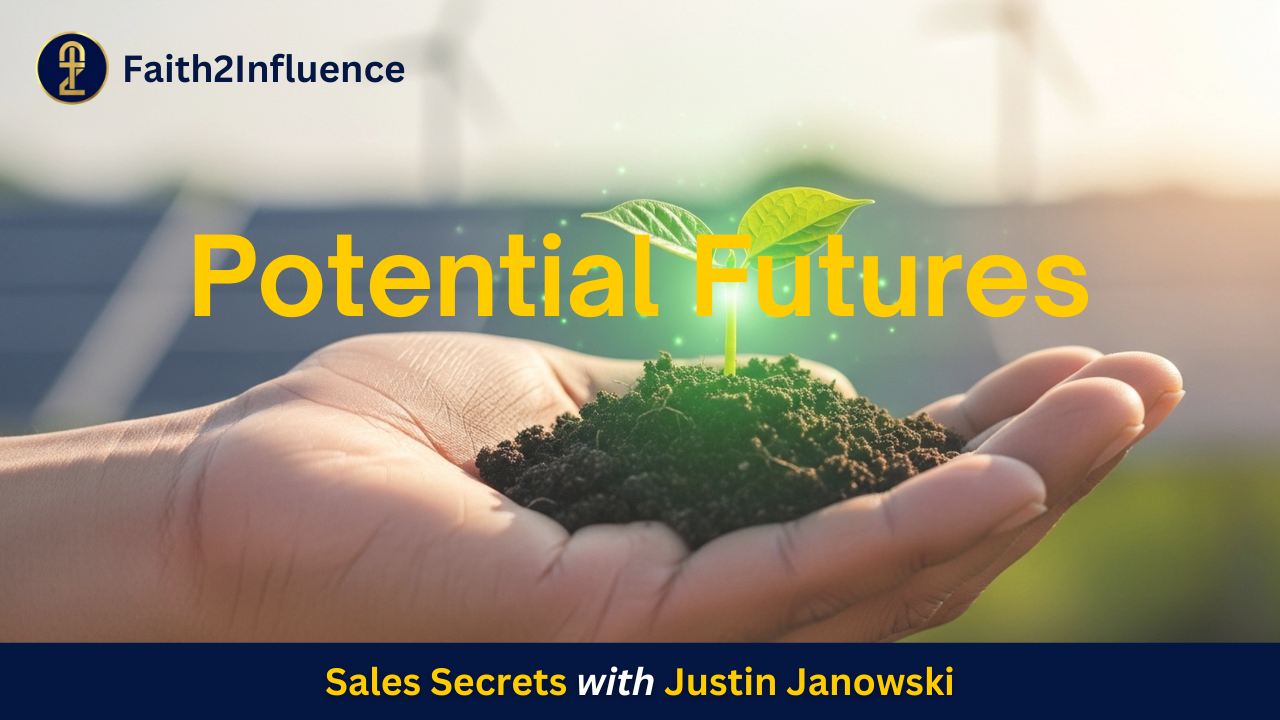 picture of a hand holding a pile of dirt with a small plant growing out of it, with the words potential futures