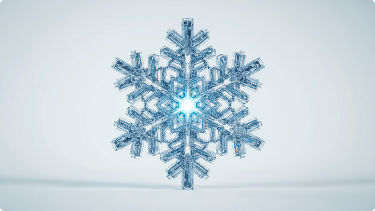 Detailed blue snowflake glowing softly against a light background.