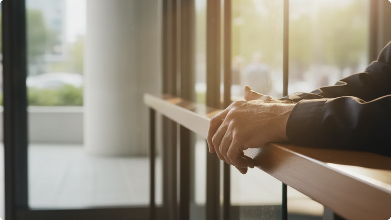 Person resting hands on railing inside sunlit building.
