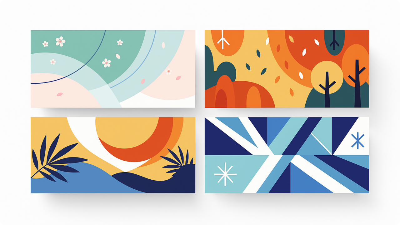 Abstract illustrations representing the four seasons in colorful geometric style.
