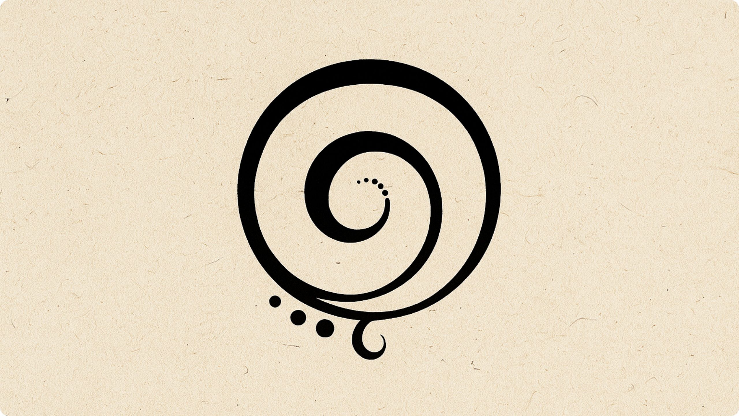 Black spiral symbol with dotted tail on textured beige background