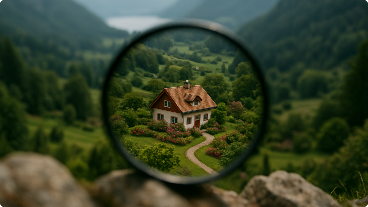Cozy cottage seen clearly through magnifying lens in lush valley