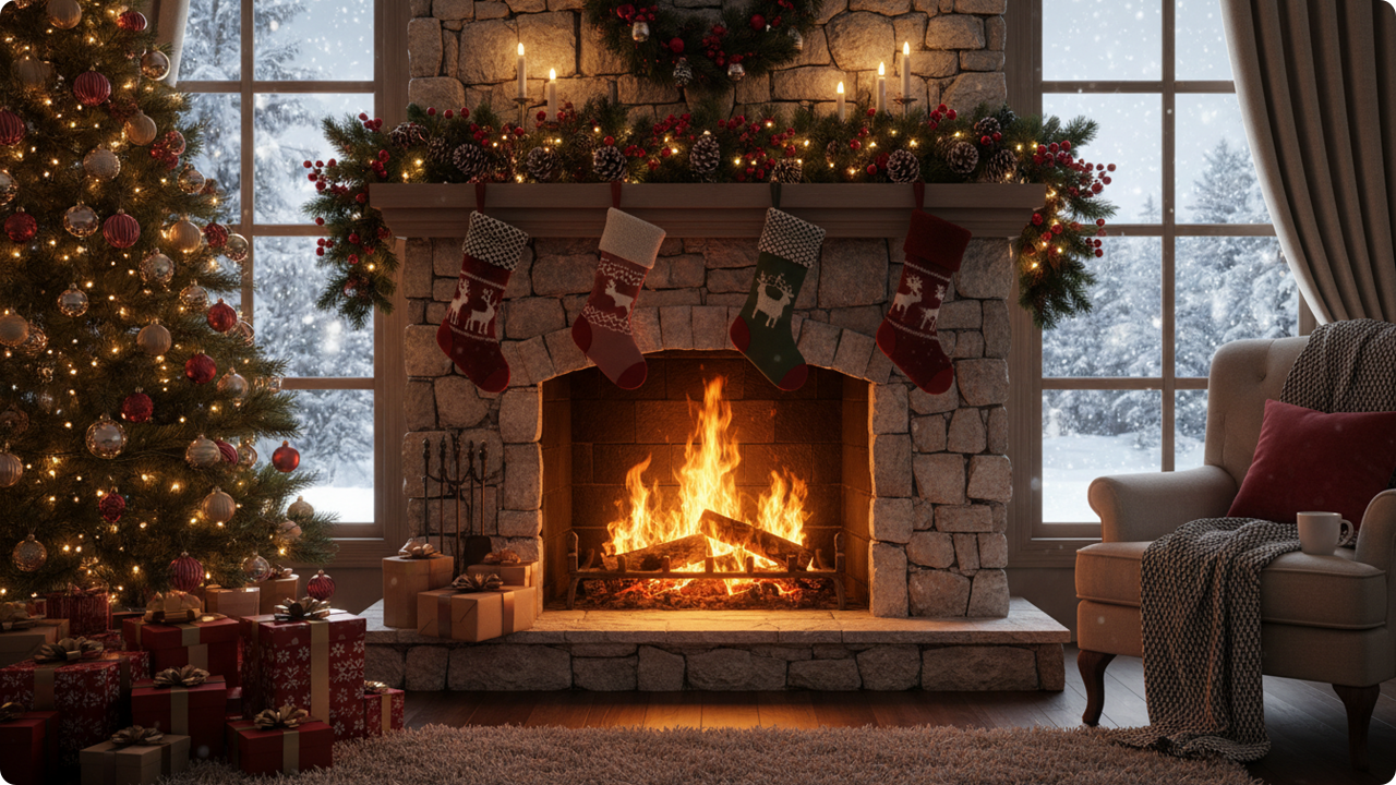 Cozy Christmas living room with fireplace, stockings, and decorated tree.
