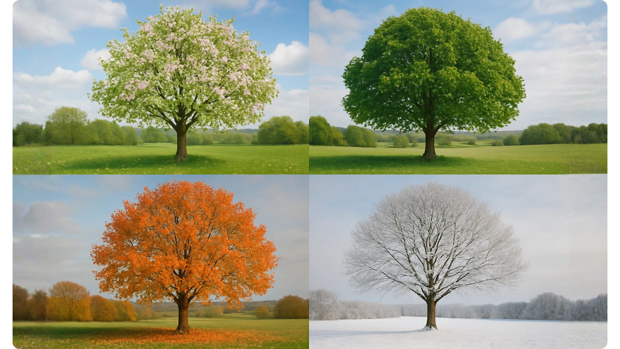 Tree shown in spring, summer, autumn, and winter.
