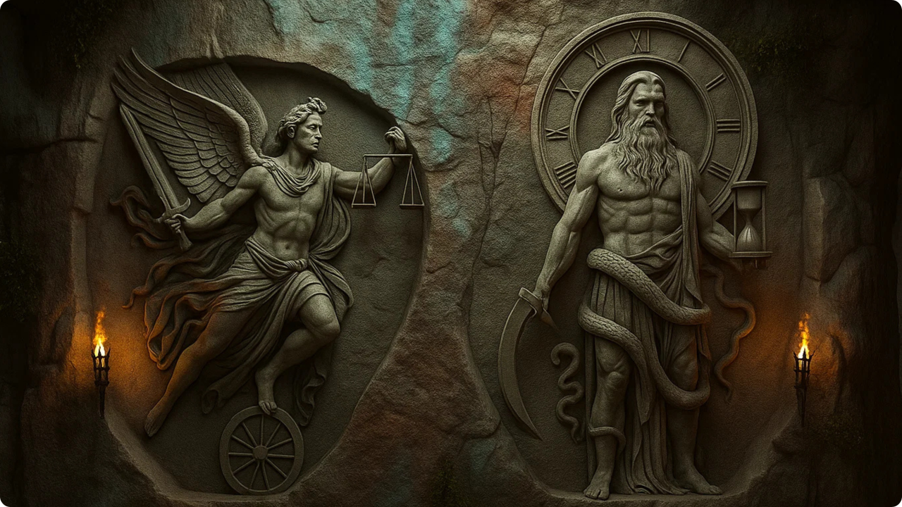 Carved figures representing justice and time on stone surface.