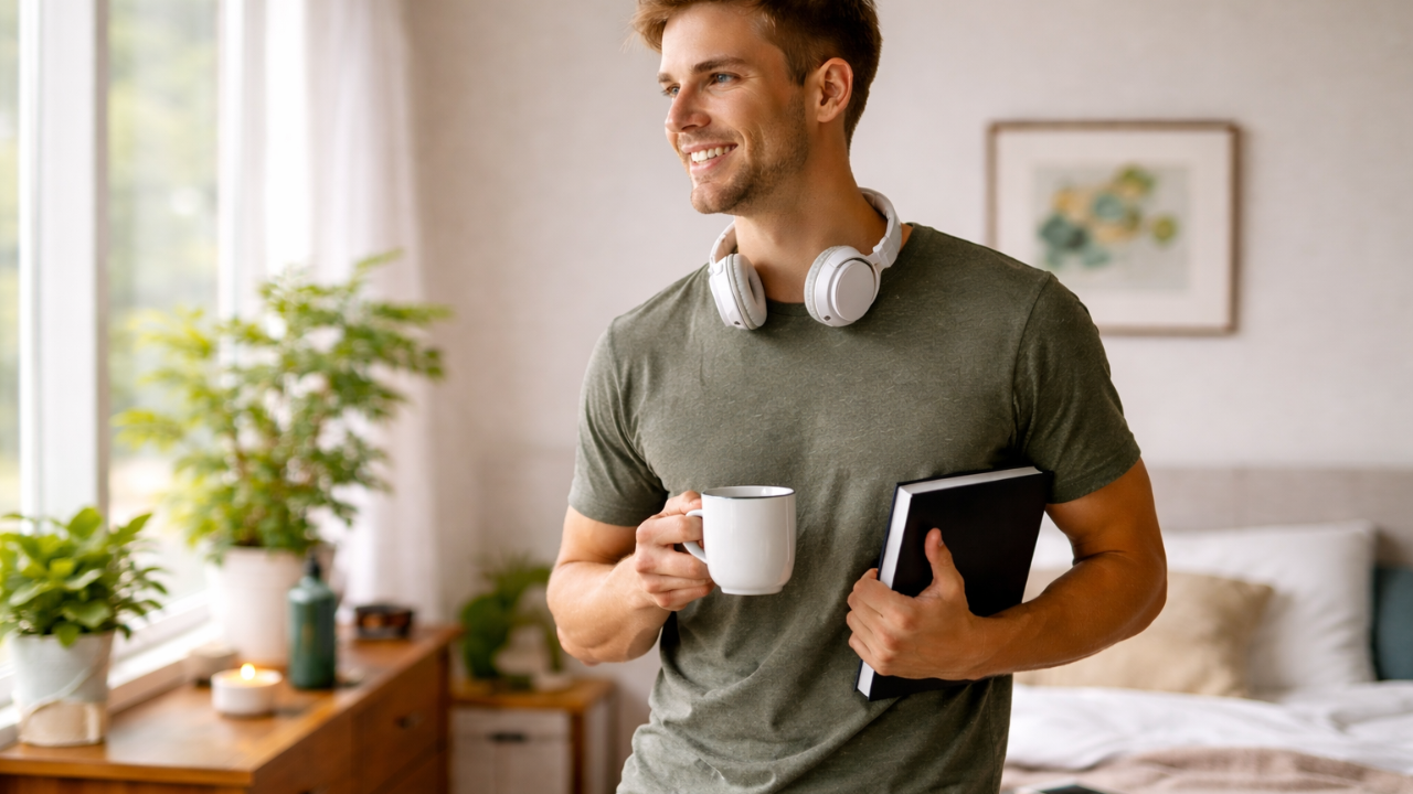 Confident young adult starting his morning routine, focused and prepared for the day, life coaching for young adults