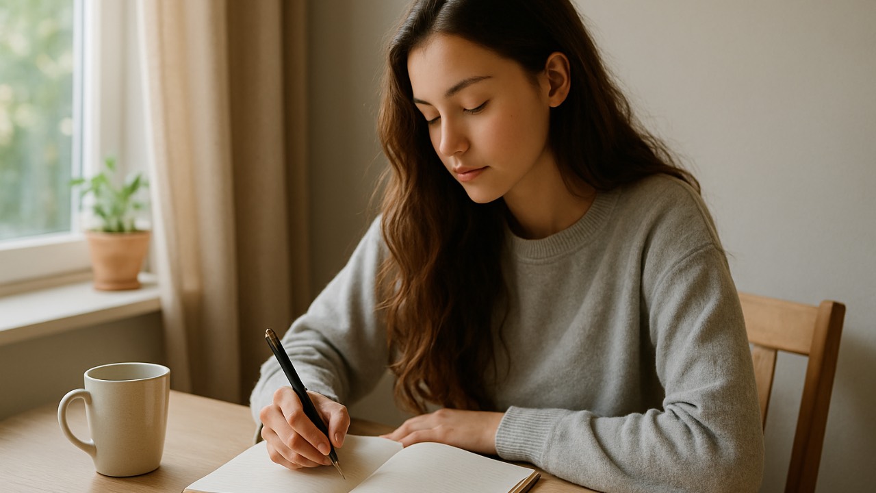 Young adult woman journaling during a self-reflection ritual to increase motivation and emotional clarity