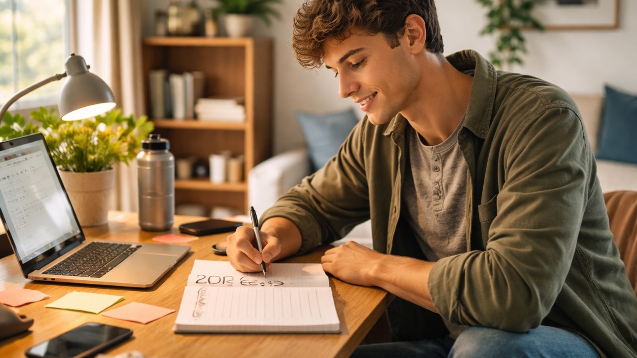 Young adult setting goals for 2026 while building confidence, direction, and motivation