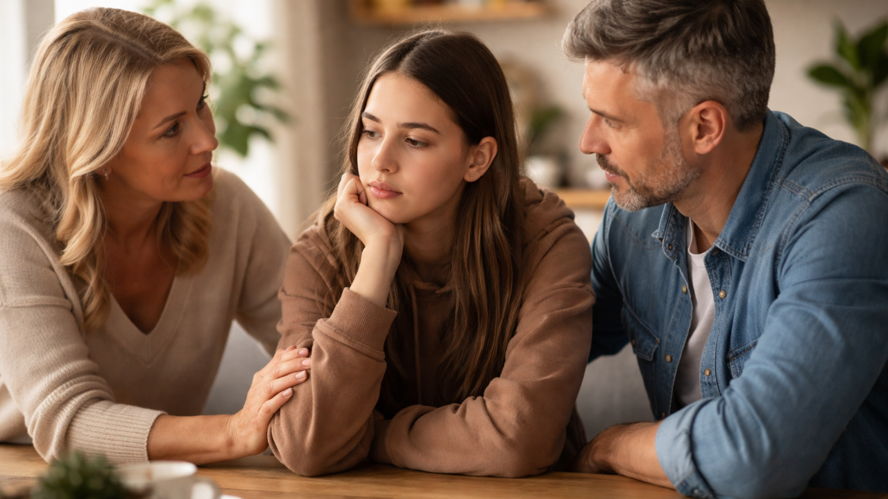 Parents offering emotional support to their teenage daughter who is struggling with motivation and direction in life