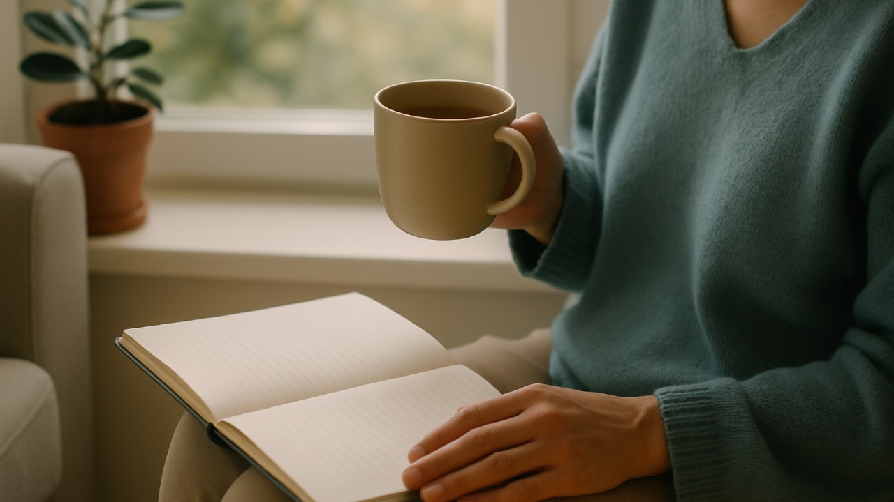 A peaceful morning scene of a parent journaling with tea, soft natural light, and a calm home environment—symbolizing clarity, connection, and parent self-reflection