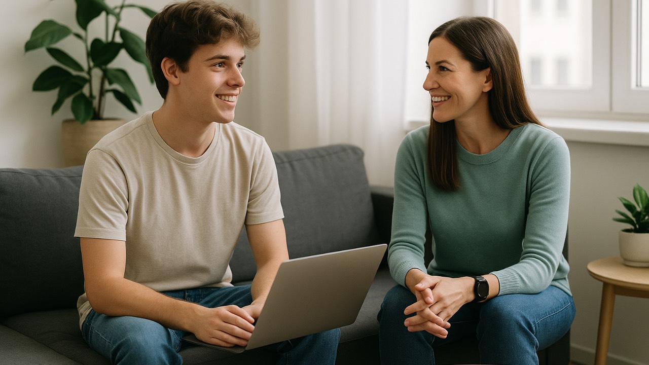 mother and teenage son talking warmly at home, representing family connection and strong family culture — Extraordinary Purpose life coaching.