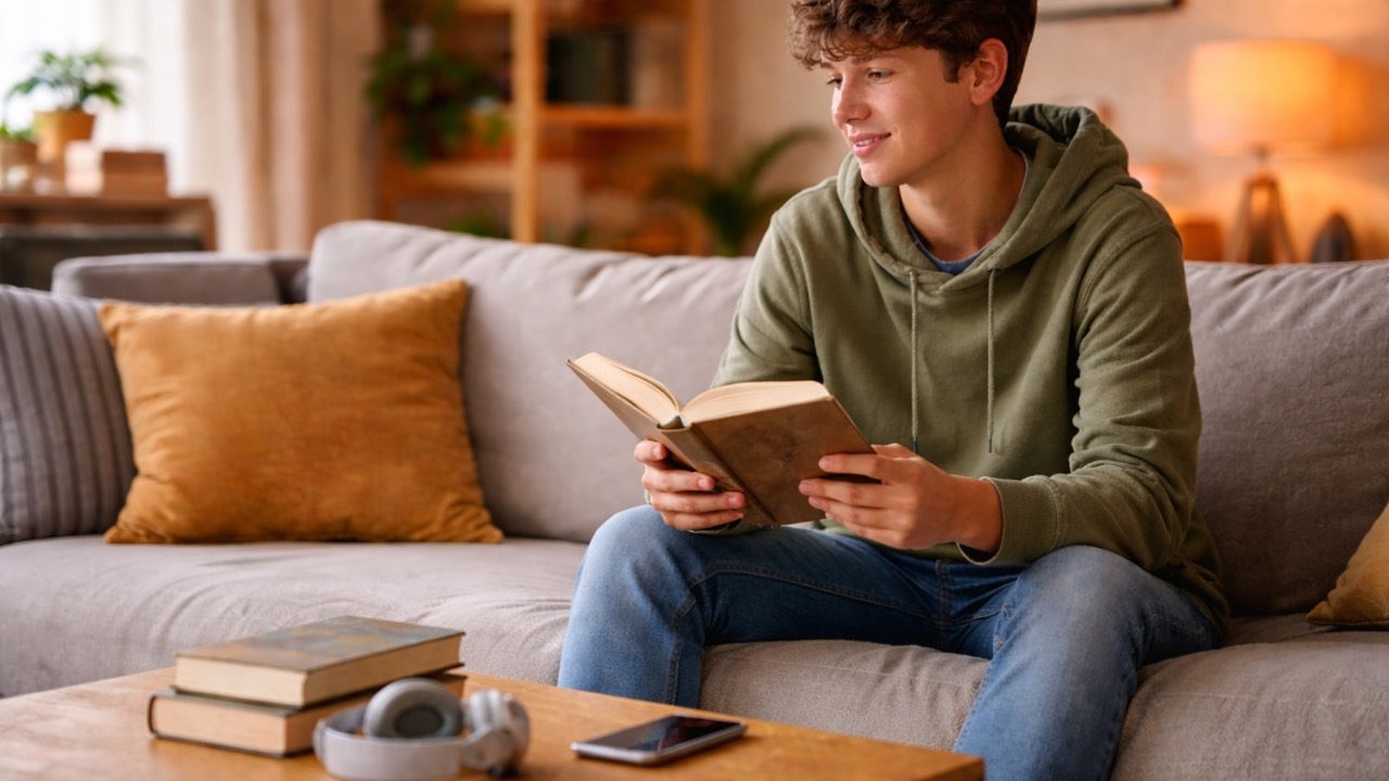 Teen choosing a book instead of a phone as part of a healthy screen time routine