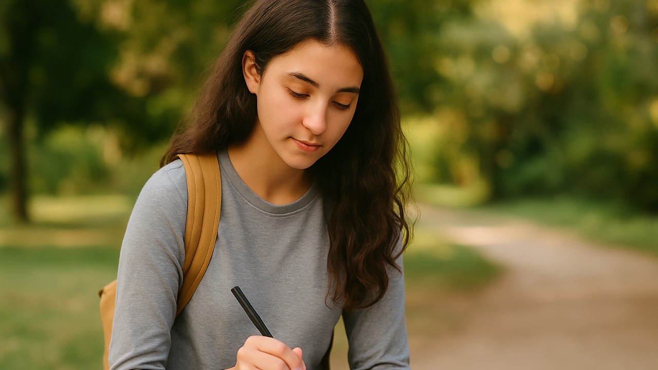 A thoughtful young woman journaling outdoors in a sunny park, symbolizing confidence, purpose, and making empowered life choices.