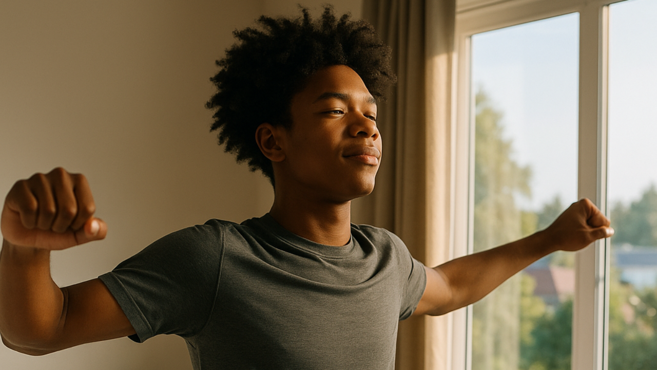 Young man waking up and preparing for his day, developing confidence, responsibility, and life skills for success