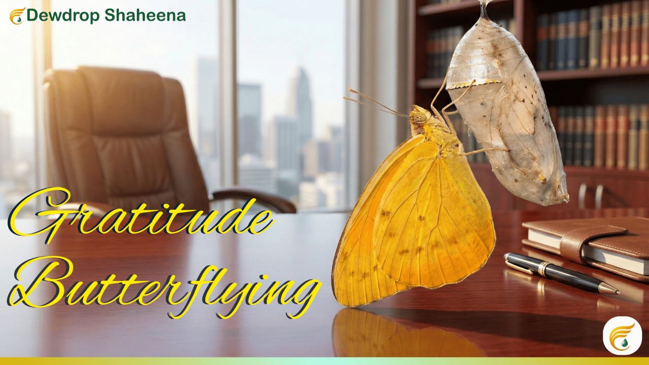 Dewdrop Shaheena — Peak Performance & Emotional Resilience Coach through gratitude and prophetic leadership — captured in a moment of reflection, teaching, or personal breakthrough. Visual represents faith-rooted resilience, purpose-driven transformation, and the essence of Gratitude Butterflying for burned-out professionals.