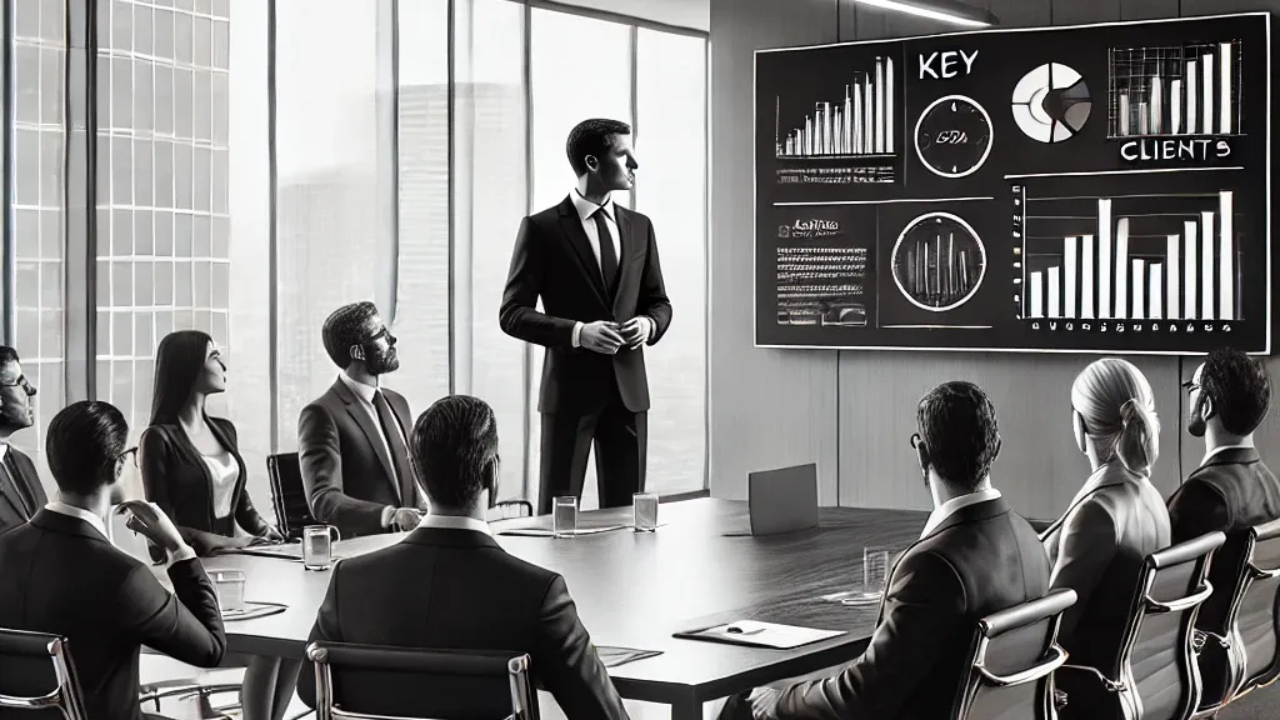 Commercial présentant un pitch devant des clients attentifs dans une salle de conférence.