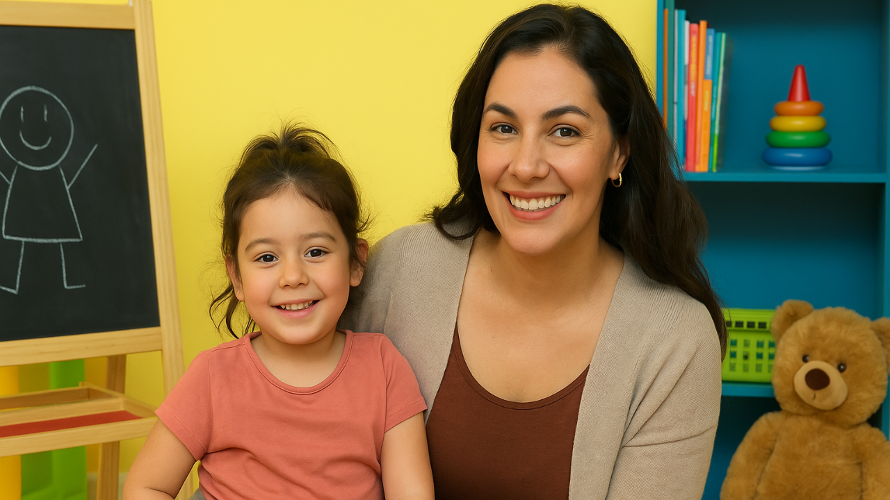 Mamá latina bilingüe y su hija sonriendo en una sala de juegos colorida, listas para comenzar juntas su camino de aprendizaje del español