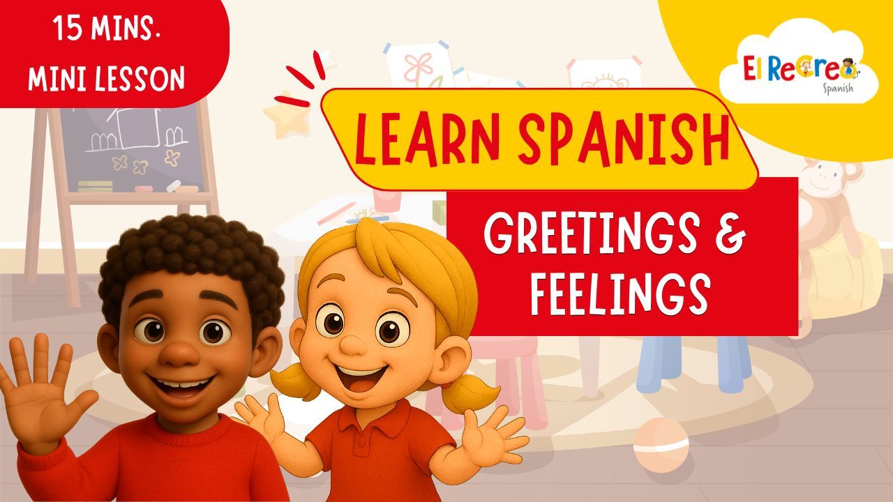 Young girl pointing to her family drawing while learning Spanish during a 15-minute mini class with El Recreo Spanish