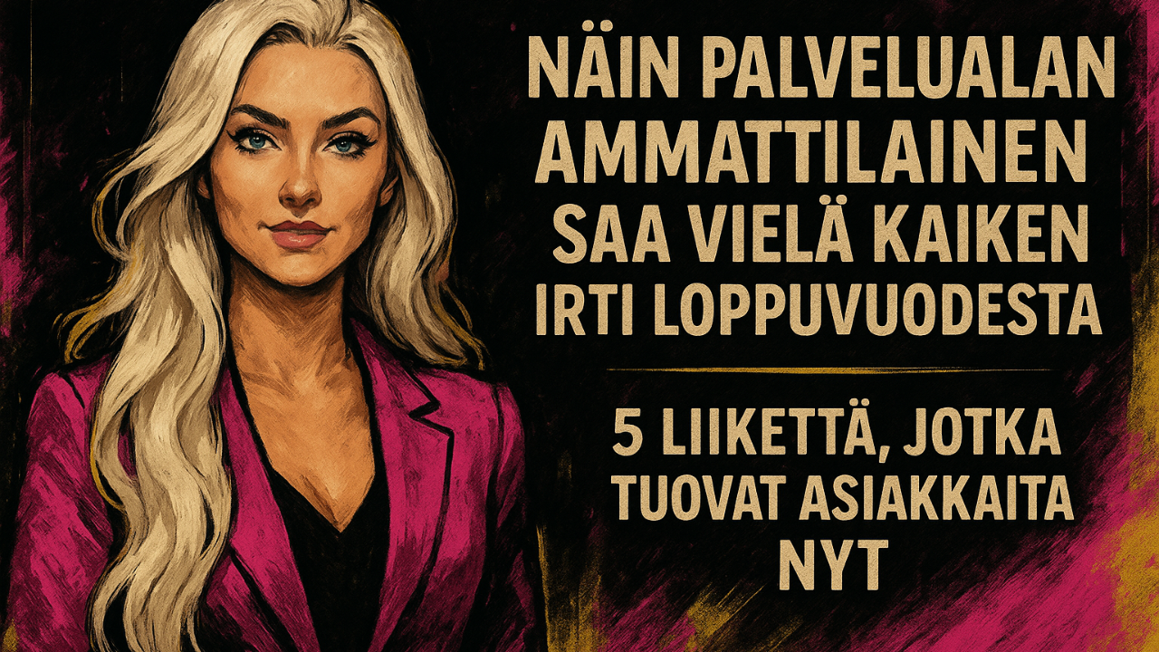 Chaos Royal -henkinen piirros vaaleahiuksisesta naisjohtajasta, pitkä valkoinen tukka, pinkki–kulta–musta teema, palvelualan loppuvuoden kasvu.