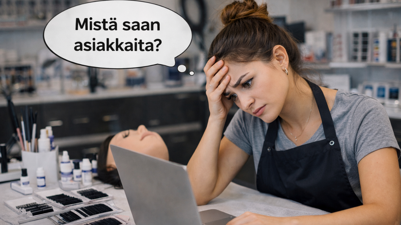 Kuvassa ripsiteknikko miettii mistä saa asiakkaita