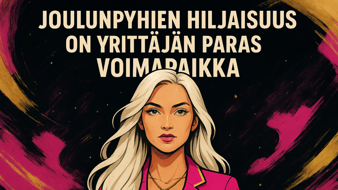 Chaos Royal -henkinen piirros vaaleahiuksisesta naisjohtajasta, pinkki–kulta–musta värimaailma, joulun rauha ja uuden vuoden selkeys.