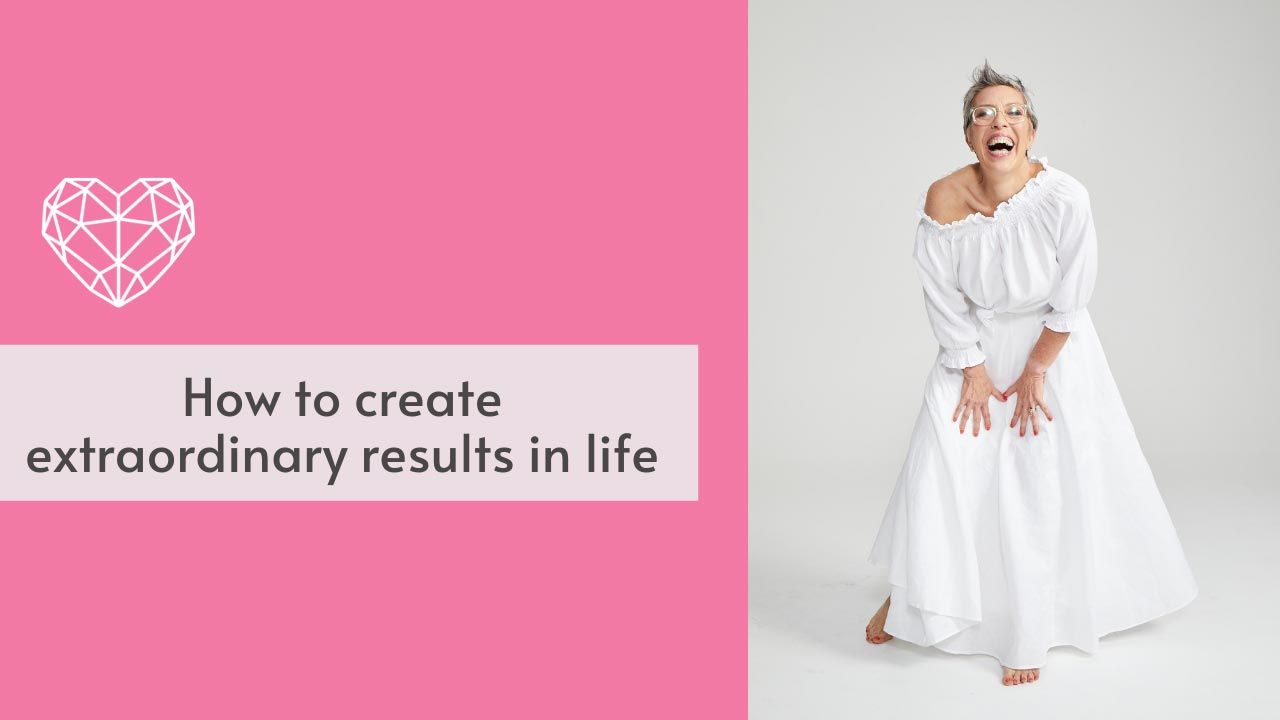 A grey background with a photo of Catherine dressed in white and smiling. There is a pink box with the text 'How To Create Extraordinary Results'.