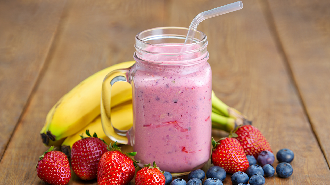 almond berry smoothie in the glass cup pictured next to bananas, strawberries, and blueberries