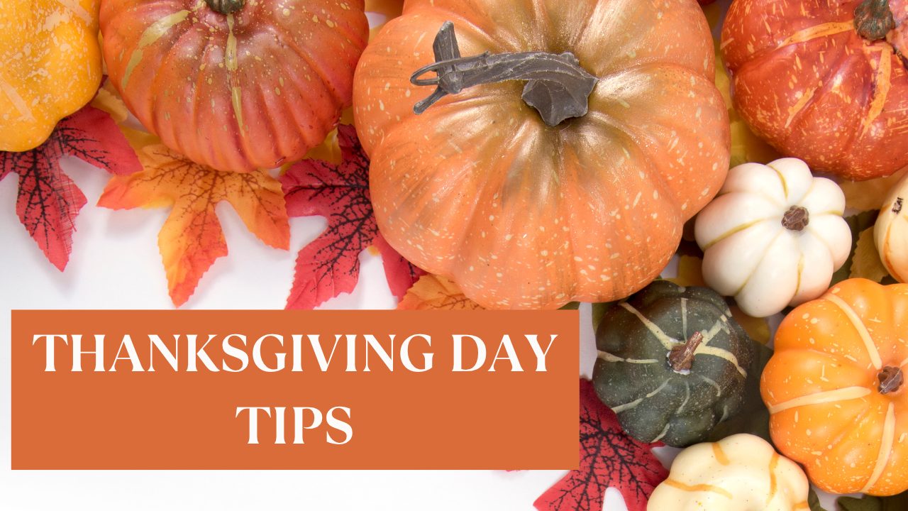 pumpkin and leaves background with overlay banner stating "thanksgiving day tips"