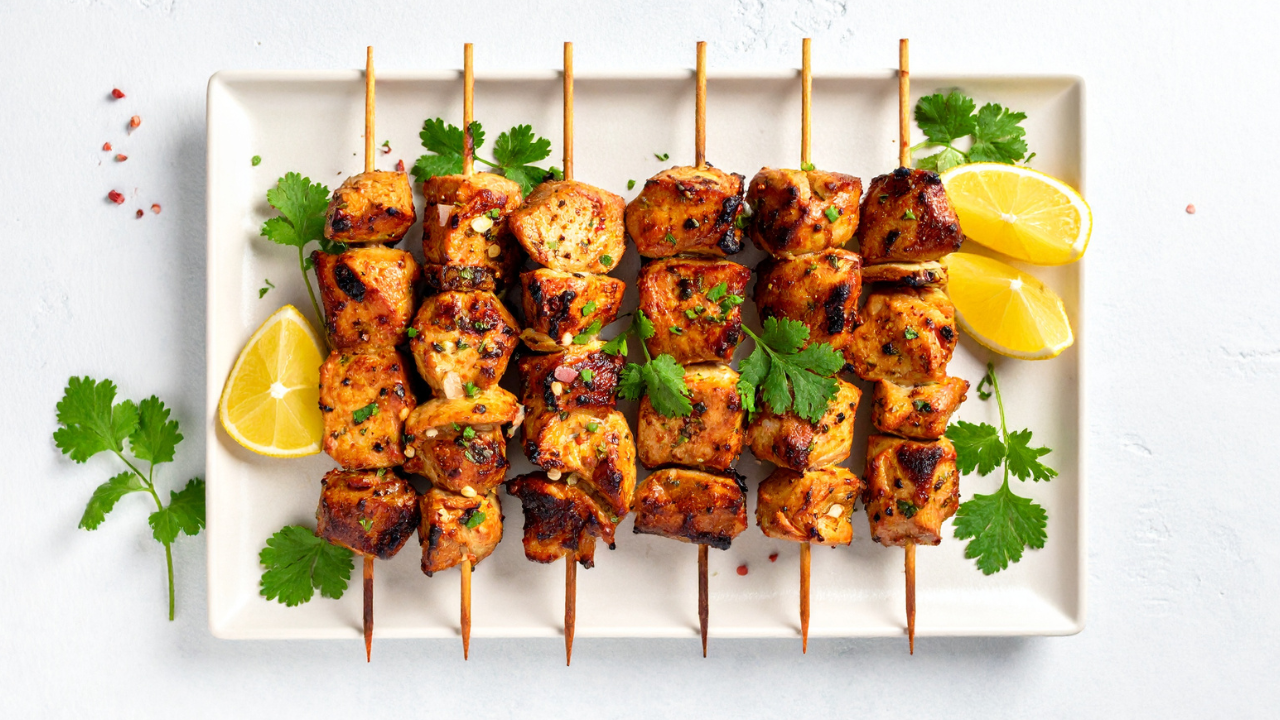 plate of glazed crispy chicken bites garnished with fresh herbs and lemon wedges