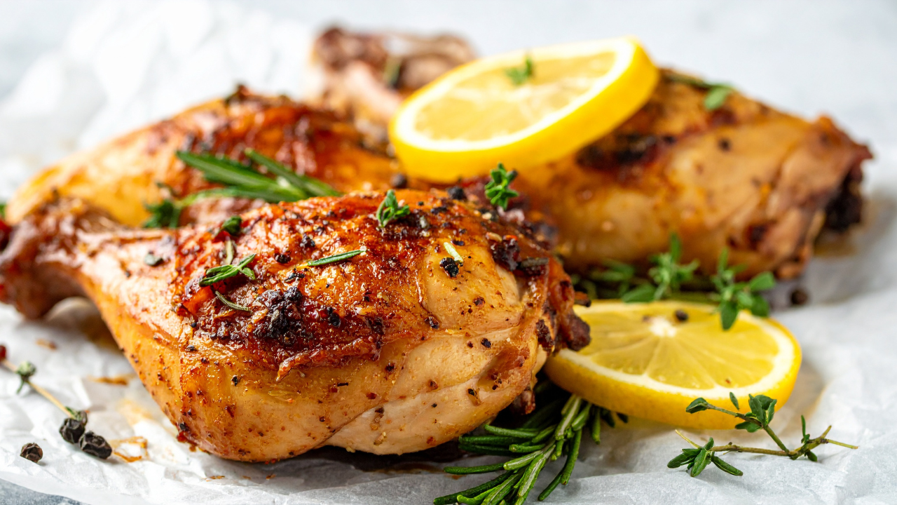 pan roasted chicken legs and thighs garnished with fresh herbs and slices of lemon