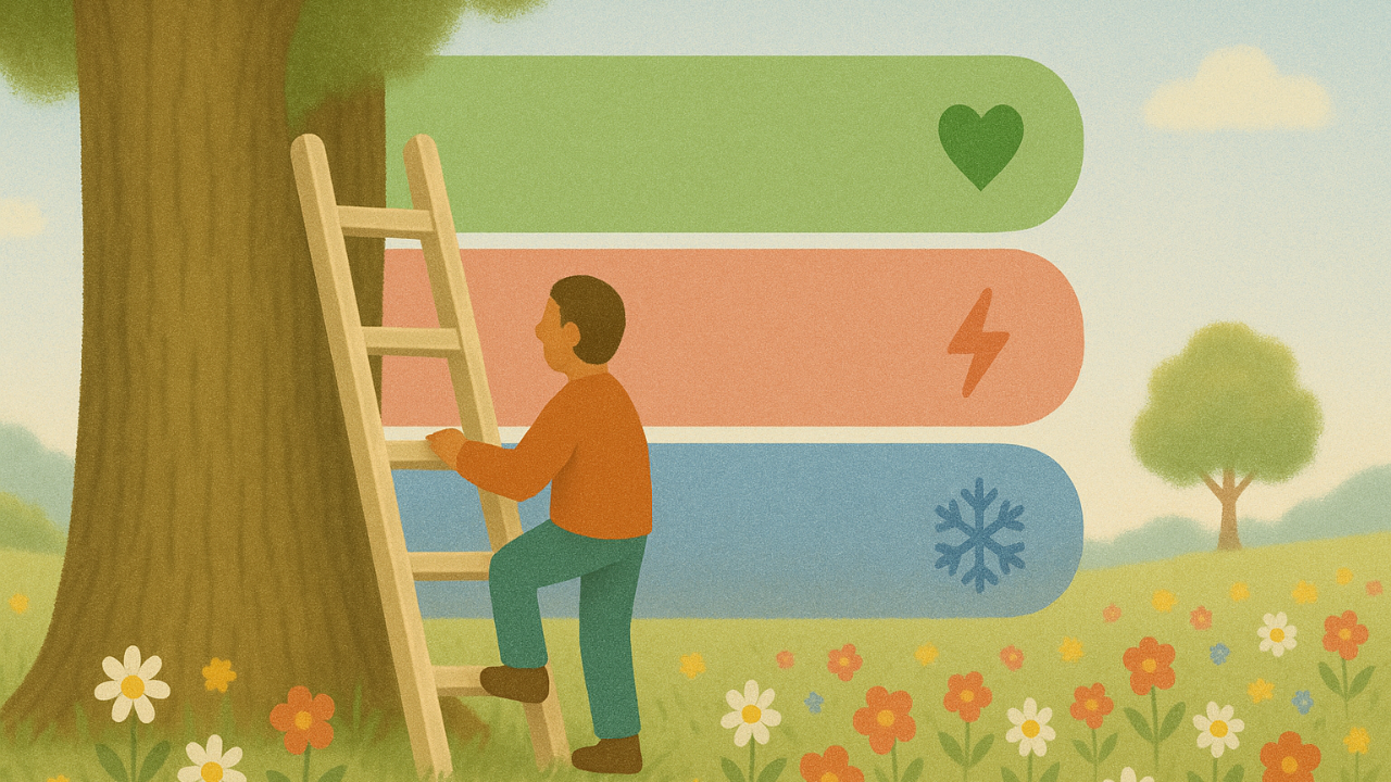 A gentle pastel illustration of a person about to climb a wooden ladder leaning against a large tree. Behind them are three horizontal color bands with symbols: a green band with a dark green heart, a pink band with a red lightning bolt, and a blue band with a dark blue snowflake. The scene takes place in a sunny meadow filled with flowers and soft trees in the distance.