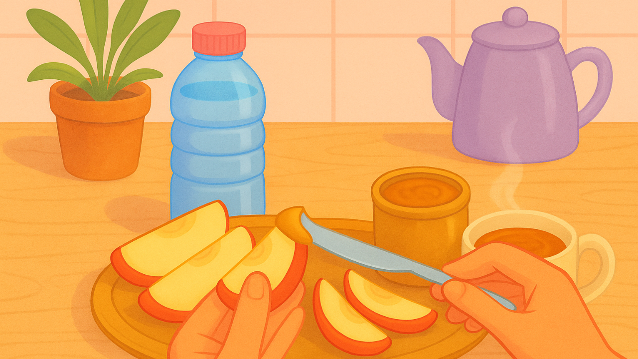 Hands preparing a balanced snack with fruit, nut butter, hot tea, and water to support blood sugar stability.