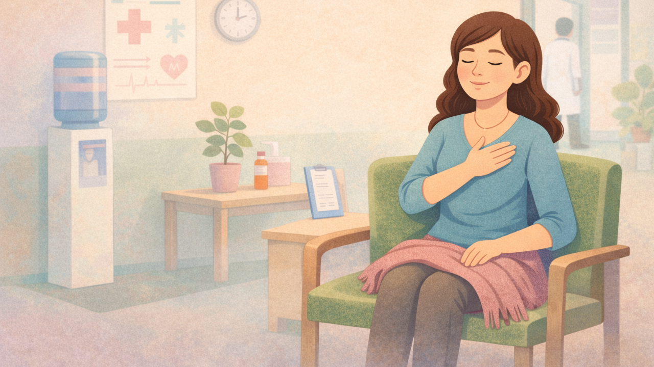 Woman seated in a clinic waiting room with eyes closed, one hand on her chest and the other resting on her lap, using a calming grounding moment before an appointment.