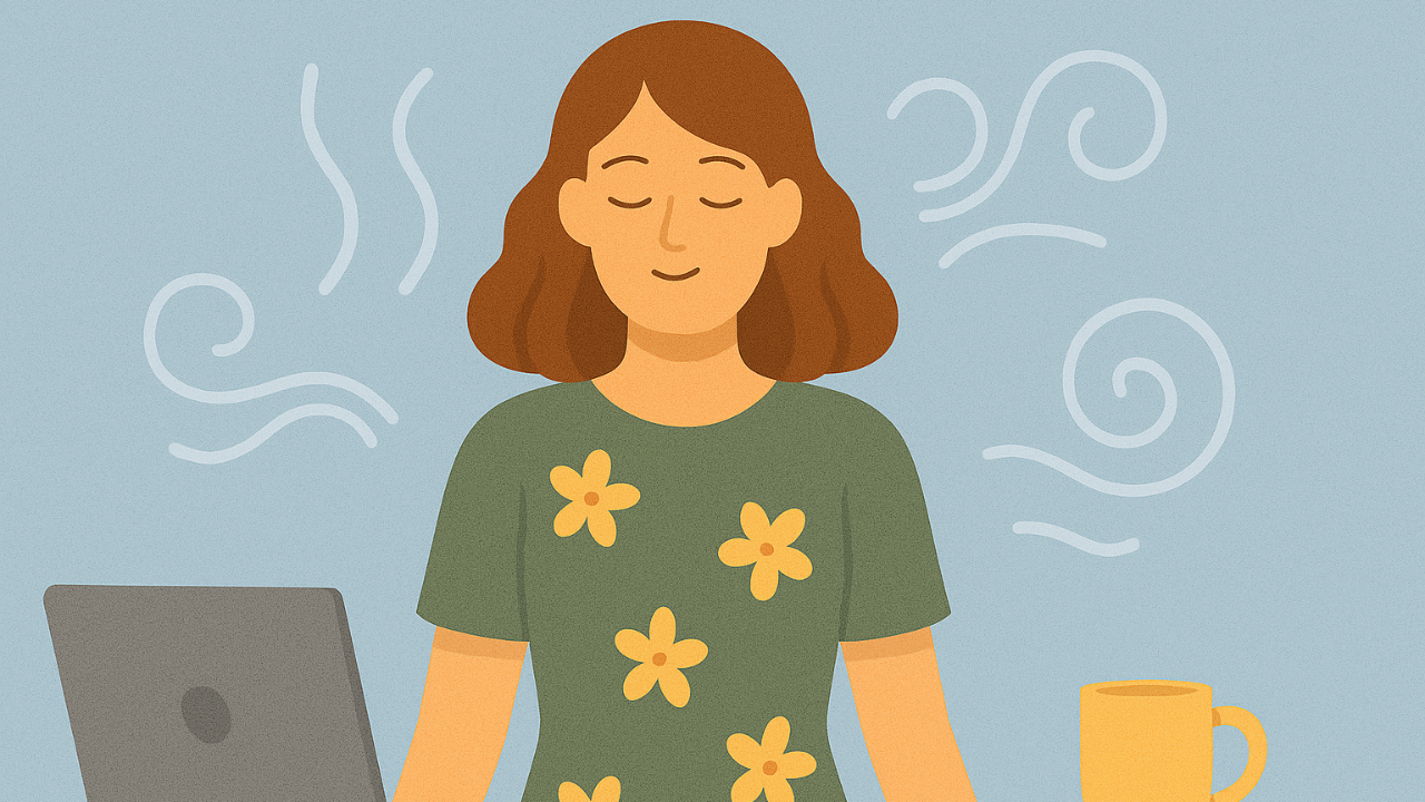 Illustrated woman standing calmly beside a desk with a laptop and mug, eyes closed, surrounded by soft abstract breathing symbols representing relaxation and nervous system grounding.