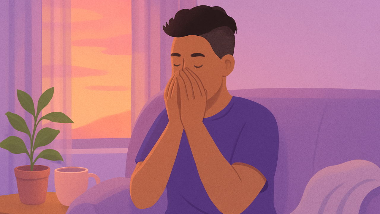 Illustrated person sitting on a couch, cupping her hands over her mouth to calm dizziness from overbreathing with a gentle sunset in the background.
