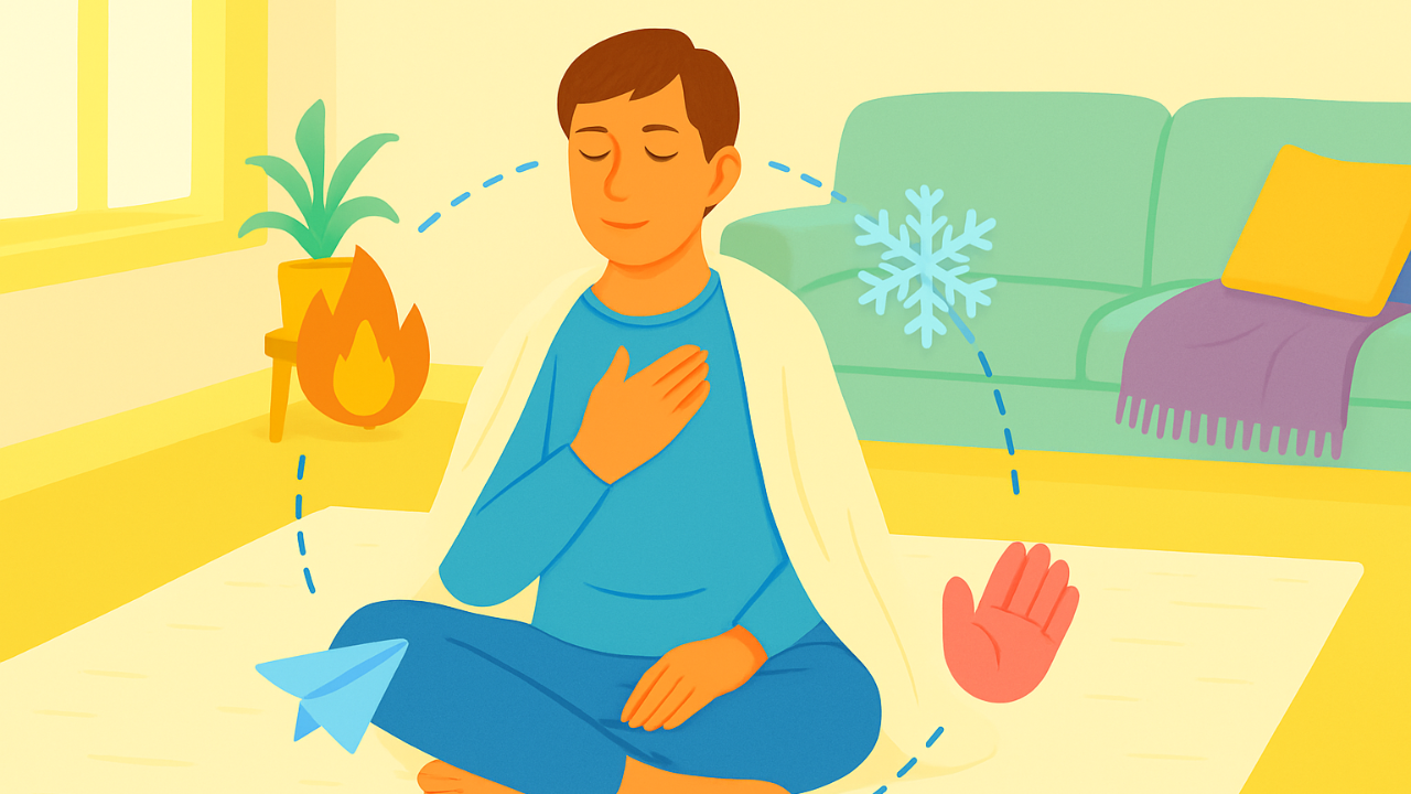 Illustrated person sitting cross-legged on a rug with a blanket over their shoulders, one hand on their heart, surrounded by small icons symbolizing the fight, flight, freeze, and fawn responses, with soft light filling a cozy living room featuring a couch with pillows, a folded blanket, and green plants in the background.