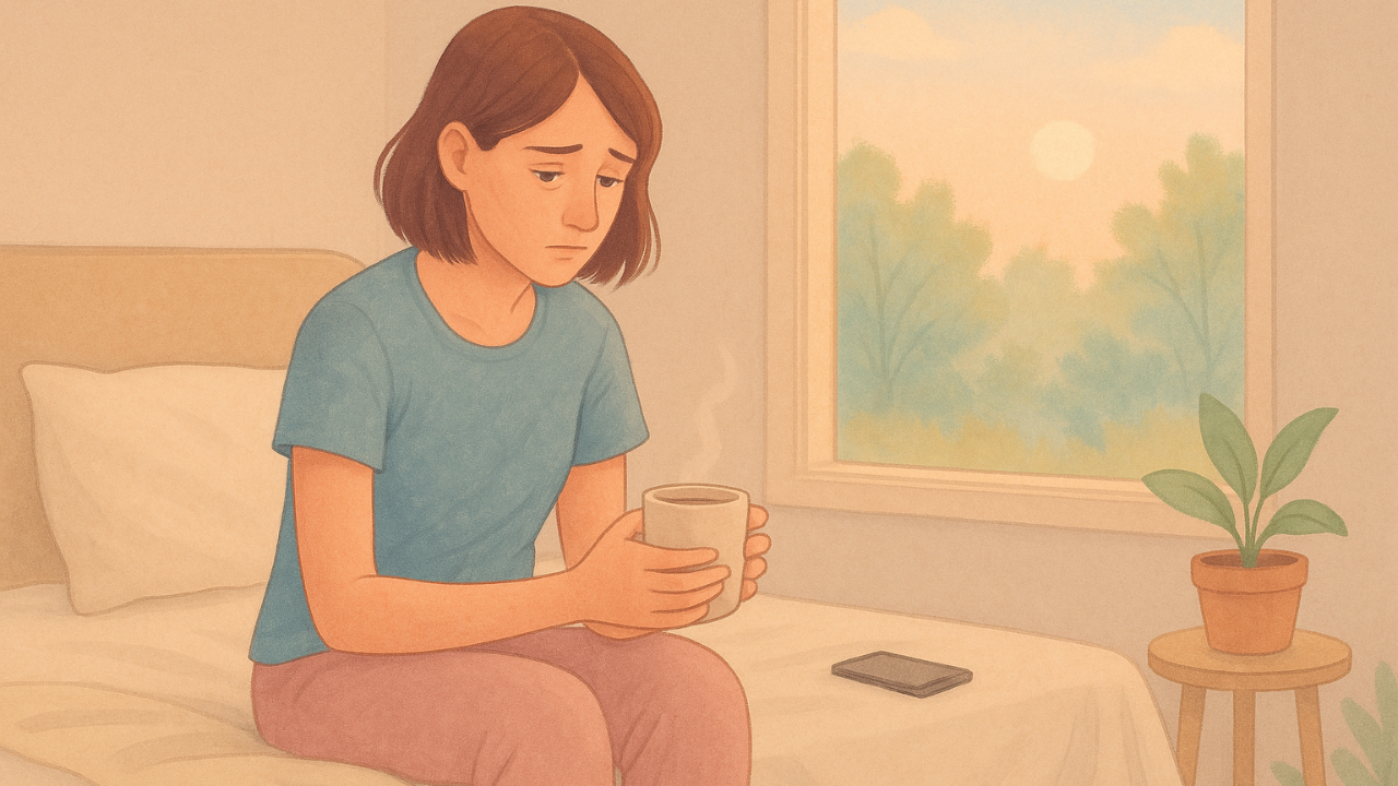 A young woman sits on the edge of her bed in soft morning light, holding a warm mug with both hands. Through the window behind her, pastel sky and distant trees are visible. Her expression looks quietly somber, capturing a tender moment of reflection after a breakup in a calm, softly lit room.