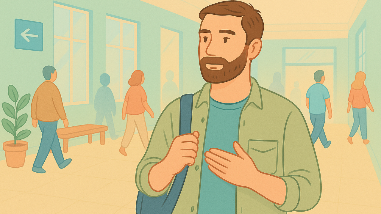 Person standing in a busy public space, pausing to orient and ground their nervous system while people move softly in the background.