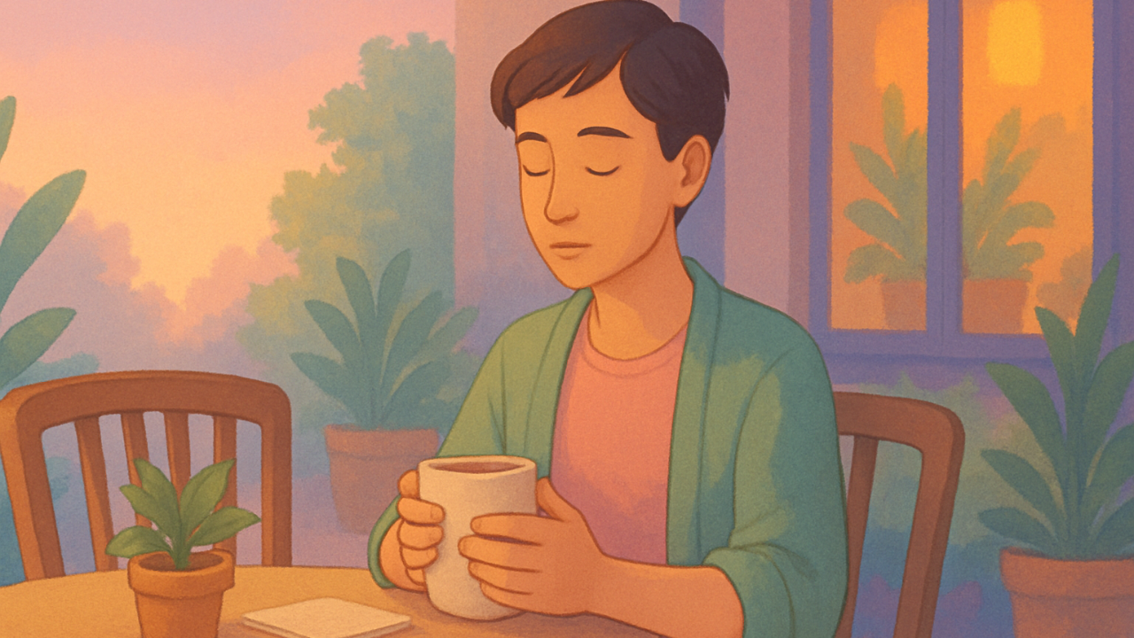 Person sitting at an outdoor café taking a grounding breath while holding a warm mug before a date.