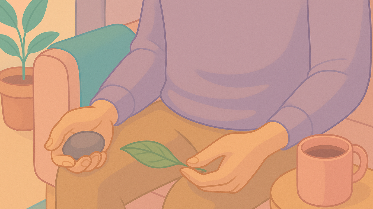 A person is sitting on a couch, holding outdoor items for grounding: leaf on one hand, and a smooth stone on the other hand. A soft blanket is also on the couch, and a warm mug is nearby.