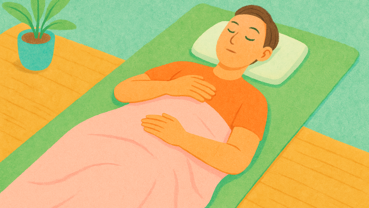 Person lying down in a relaxed body scan pose to restore calm.