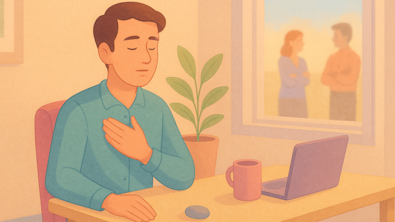 A man sits at a desk in a softly lit office, grounding himself with one hand on his chest and the other resting near a smooth stone. A laptop and a single mug are on the desk, with one plant beside him. Through the window behind him, two blurred coworkers appear to be in a tense conversation, suggesting a recent workplace conflict. The scene uses warm pastel colors and gentle textures, creating a calm, reflective mood.