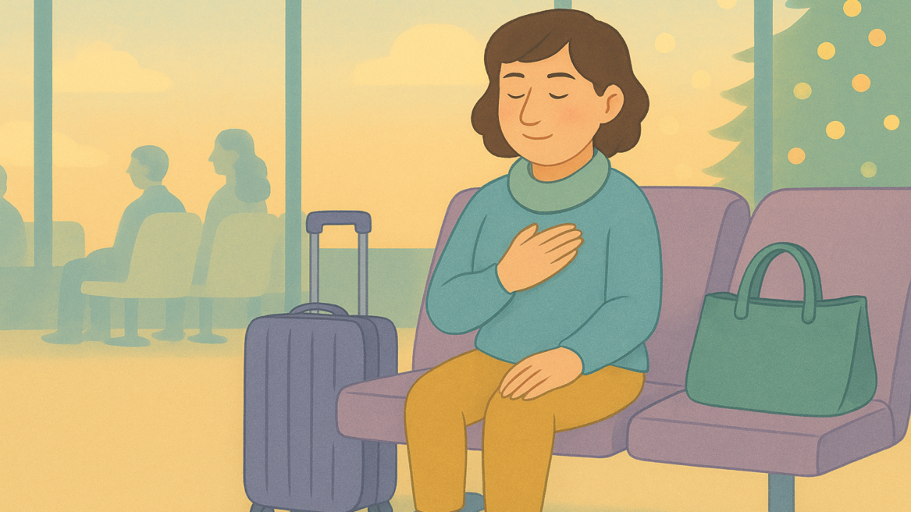 A woman sitting at an airport gate using a gentle self-holding pose to stay grounded during holiday travel.