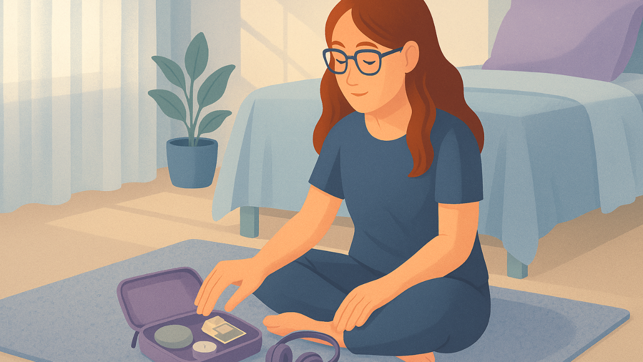 Illustrated woman sitting on a cozy rug, opening her personal safety kit filled with calming items in soft morning light.