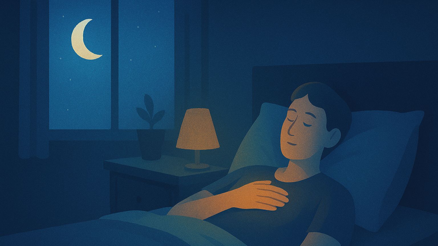 Illustrated person lying in a moonlit bedroom with a hand on their chest, quietly noticing nighttime heart palpitations in a calm and safe setting.